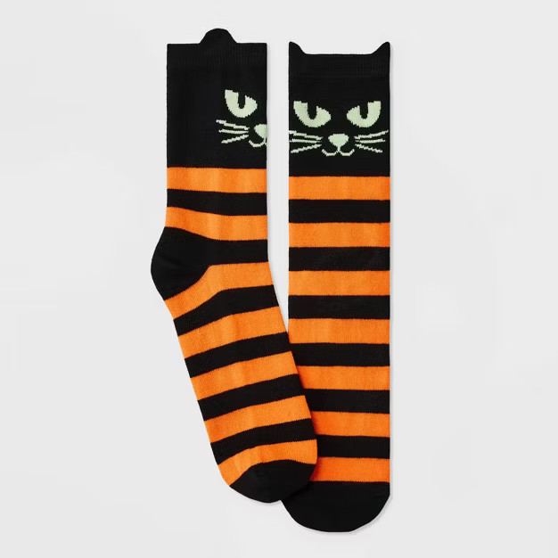 Women's Black Cat with Glow in the Dark Eyes Halloween Crew Socks - Hyde & EEK! Boutique™ Black... | Target