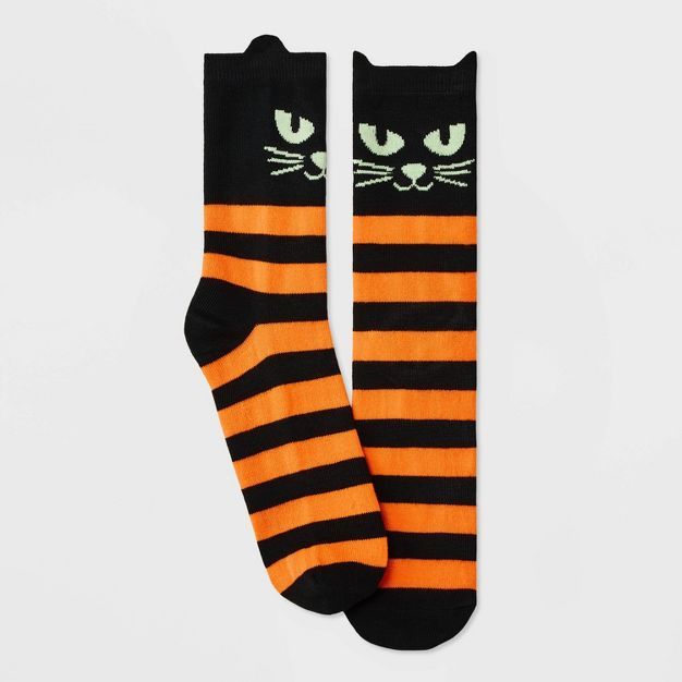 Women's Black Cat with Glow in the Dark Eyes Halloween Crew Socks - Hyde & EEK! Boutique™ Black... | Target