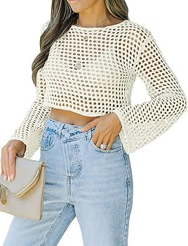 Womens Fishnet Crochet Crop Top Sexy Long Sleeve See Through Hollow Out Mesh Bikini Cover Ups | Amazon (US)