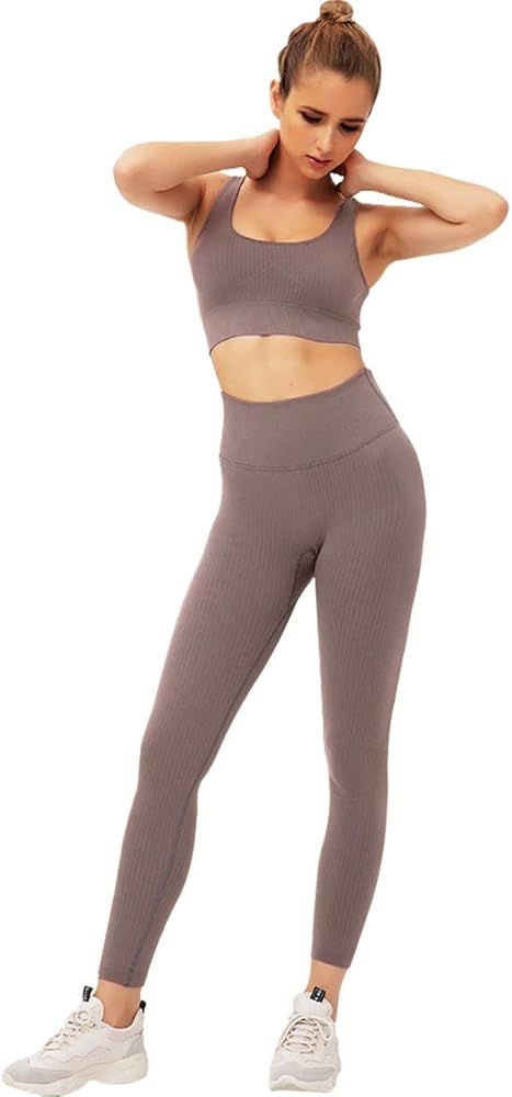 Jetjoy Exercise Outfits for Women 2 Pieces Ribbed Seamless Yoga Outfits Sports Bra and Leggings S... | Amazon (US)