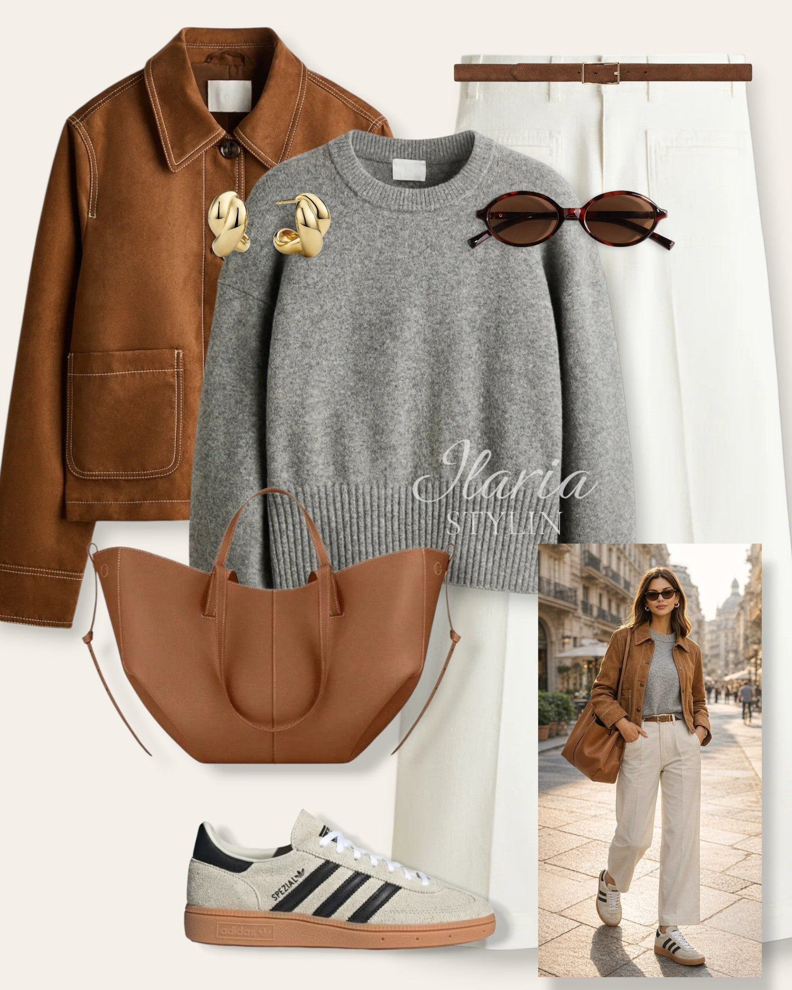 Soft textures and warm neutrals come together in a suede brown jacket, gray knit sweater, and tailored white trousers, styled with gold hoops, a sculptural leather tote, and classic sneakers 🤎🤍 

outfit ideas, brown coat, camel jacket, short jacket, gray sweater, oversized sweater, white jeans, wide leg jeans, adidas spezial, neutral sneakers, brown bag, brown tote, camel bag, camel tote, casual outfit, casual chic outfit

#LTKootd #LTKSeasonal #LTKU