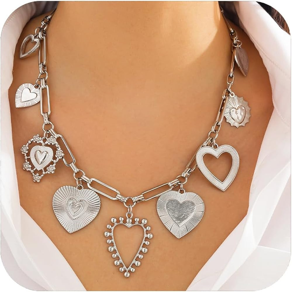 Gold Charm Necklaces for Women Chunky Statement Necklace with Heart Pendants for Women, Vintage A... | Amazon (US)