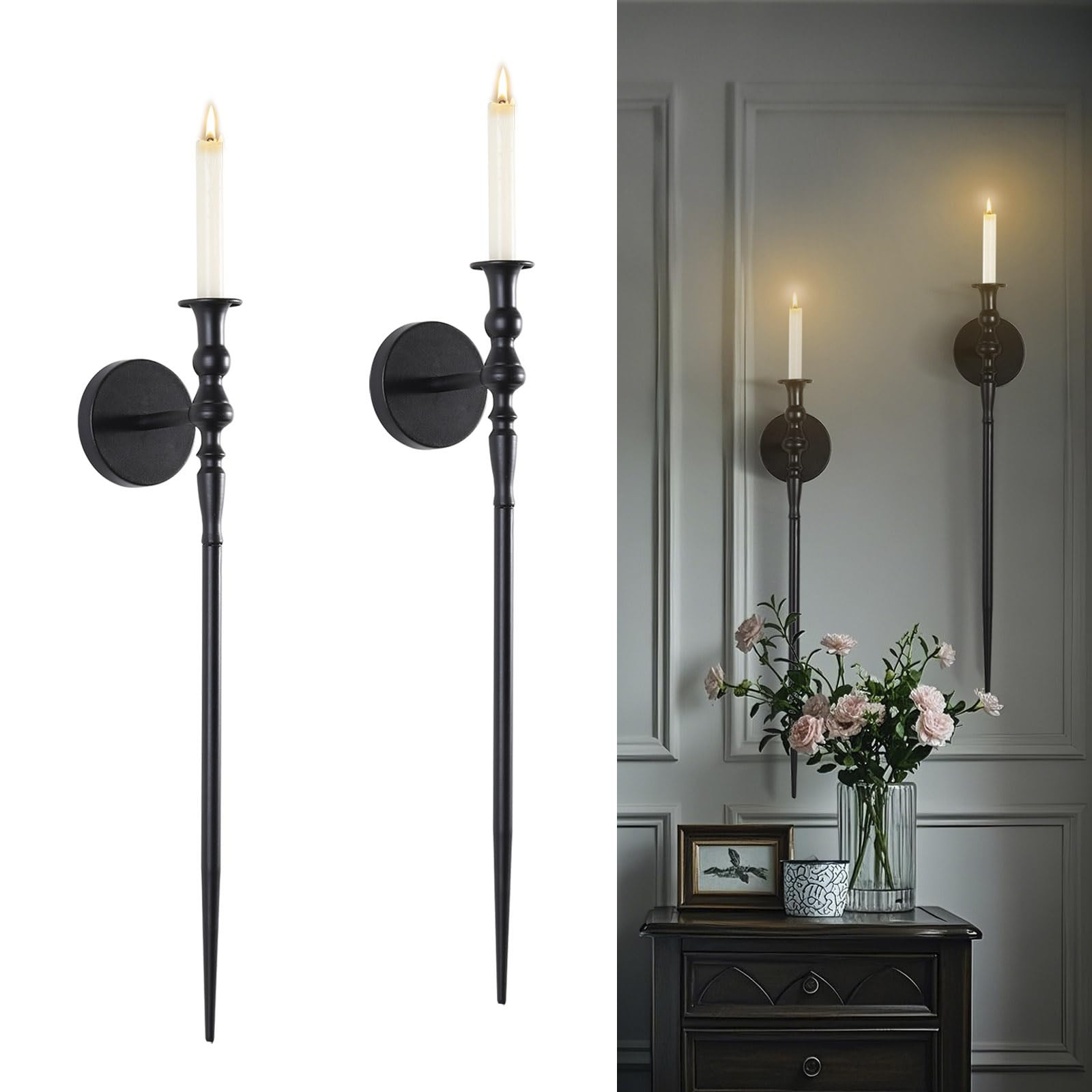 Amazon.com: Tim&Lin Wall Sconce Candlestick Holder Set of 2, Large Black Scepter Gothic Design Metal Wall Candle Holder, Home Wall Decoration for Living Room, Bathroom, Dining Room : Home & Kitchen | Amazon (US)