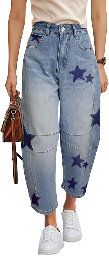 Barrel Jeans for Women Baggy Star Printed Horseshoe Jeans Mid Rise Wide Leg Cropped Ankle Denim P... | Amazon (US)
