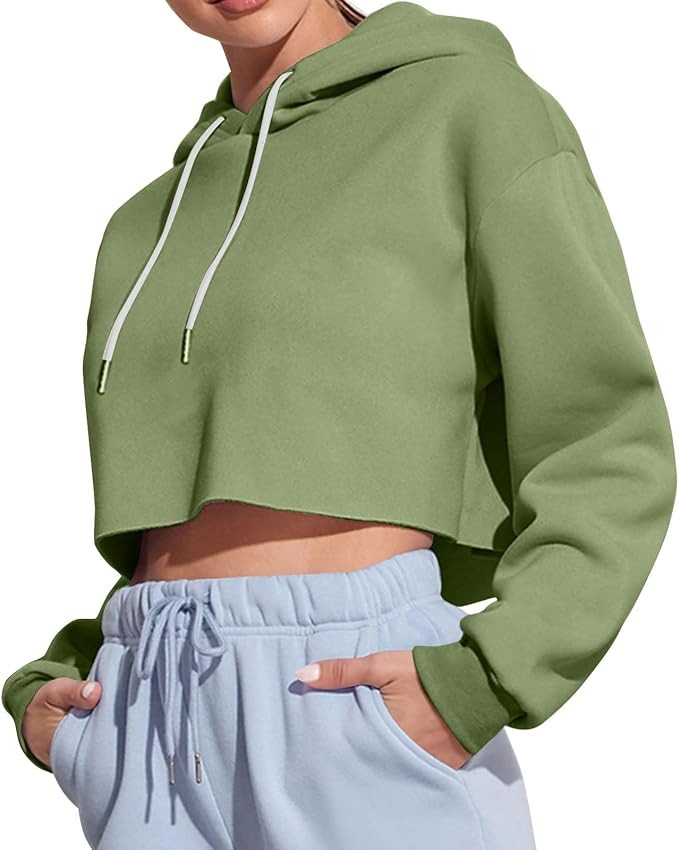 Women's Drawstring Cropped Hoodie Casual Hooded Sweatshirt Workout Crop Tops Fall Long Sleeve Hoo... | Amazon (US)