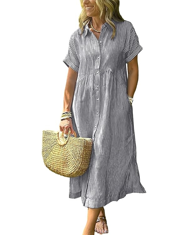 ebossy Women's Boho Striped Shirt Dress Button Up Side Slit Loose Mid Long Cotton Dress with Pock... | Amazon (US)