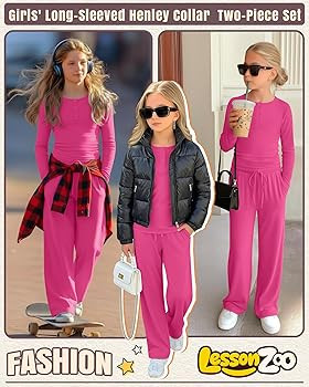 Girls 2 Piece Outfits Lounge Sets Long Sleeve Ruched Knit Henley Neck Fitted Tops Straight Leg Pa... | Amazon (US)