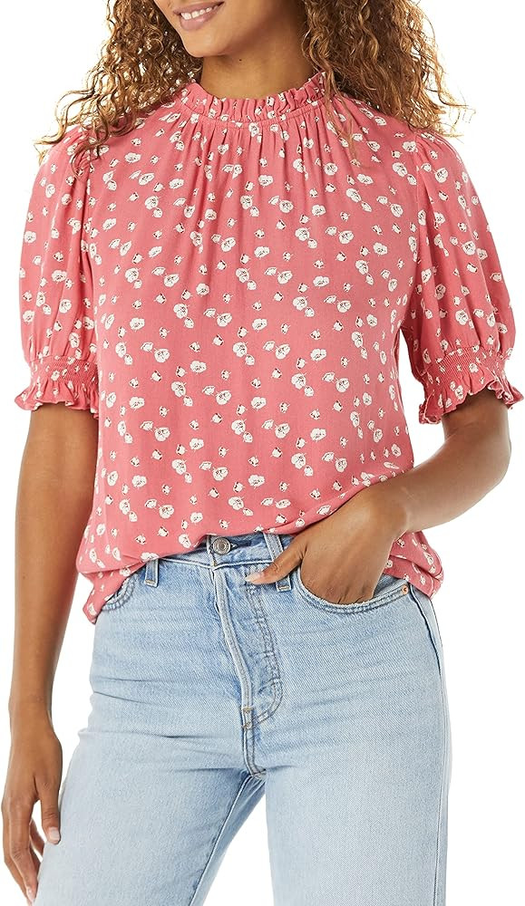 Amazon Essentials Women's Fluid Twill Short Puff Sleeve Smock Detail Shirt | Amazon (US)