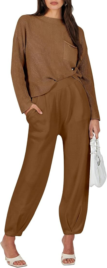 ANRABESS Women's Two Piece Outfits Long Sleeve Knit Top Fall Sweater Set Oversized Pants Tracksui... | Amazon (US)