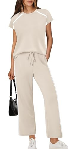 XIEERDUO Vacation Outfits for Women Casual Summer 2 Piece Sets for Women Cap Sleeve Travel Airport Outfits Beige L | Amazon (US)