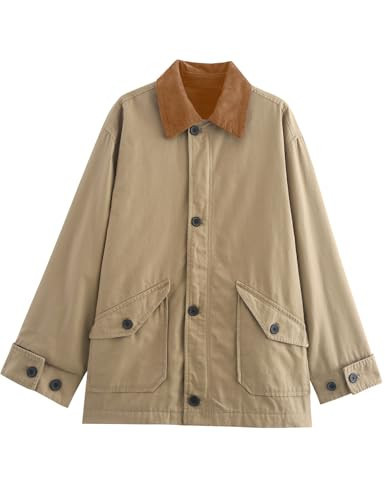 Kissonic Womens Oversized Barn Jacket Button Down Corduroy Lapel Collar Canvas Jacket Outwear(Khaki-L) | Amazon (US)