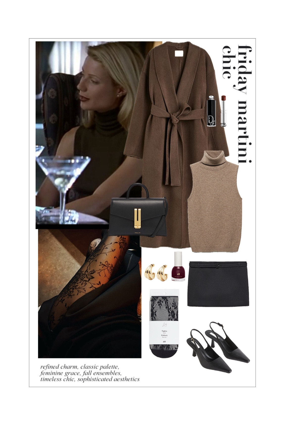 Friday look night out classy martini look espresso martini shades 90’s inspired fall evening look aesthetic date night brown coat knit turtle neck black mini skirt lace tights chic outfits elegant classy women drinks night out outfit 

#LTKSeasonal #LTKstyletip #LTKparties