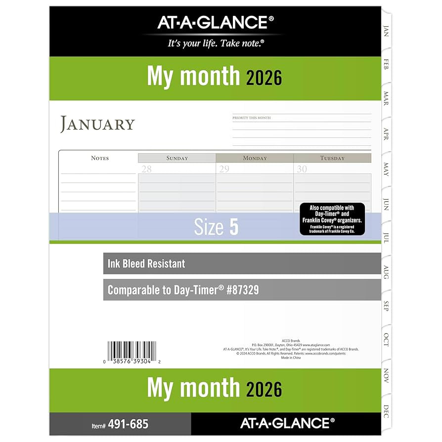 AT-A-GLANCE 2026 Planner Refill, Monthly, 8-1/2" x 11", Folio Size 5, Loose-Leaf (491-685-26) | Amazon (US)