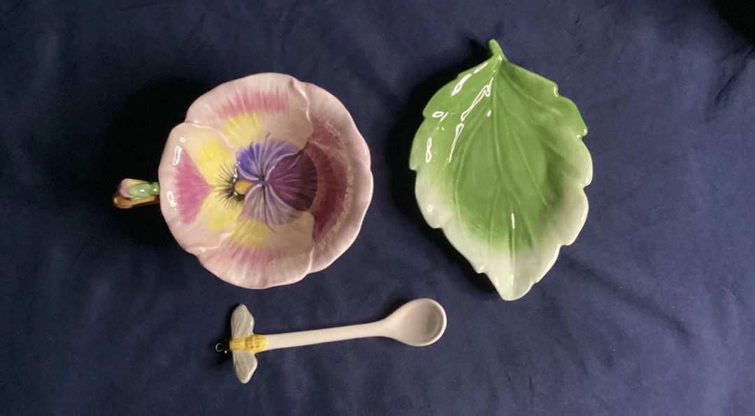 Corner Ruby Garden Botanical Collection Purple Pansy Tea Cup, Green Leaf Saucer, Bee Spoon 3 Pc S... | Etsy (US)