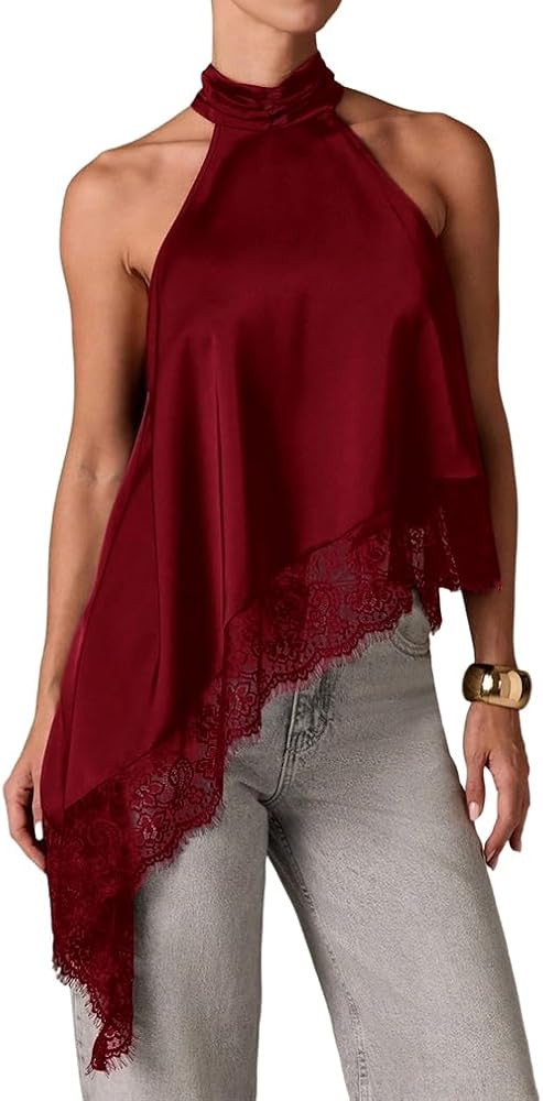 Women Y2k Satin Sleeveless Mock Neck Lace Trim Tank Top Elegant Backless Asymmetric Hem Going Out... | Amazon (US)