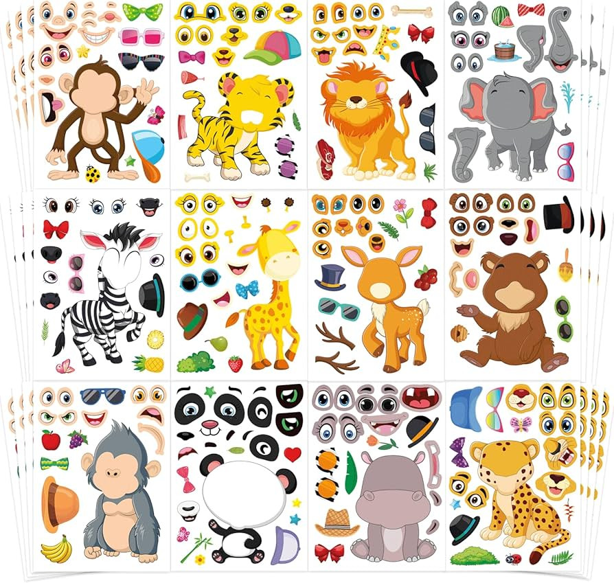 48 Sheets Make Your Own Safari Animal Stickers for Kids Ages 3+, Make-a-face Stickers, Jungle & Z... | Amazon (US)