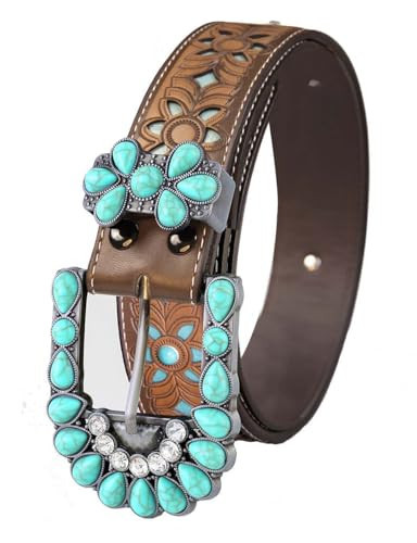 TOPACC Western Belts for Women with Buckle Turquoise Brown Cowgirl Cowboy Floral Engraved Country Belt for Jeans Dresses Gilrs | Amazon (US)