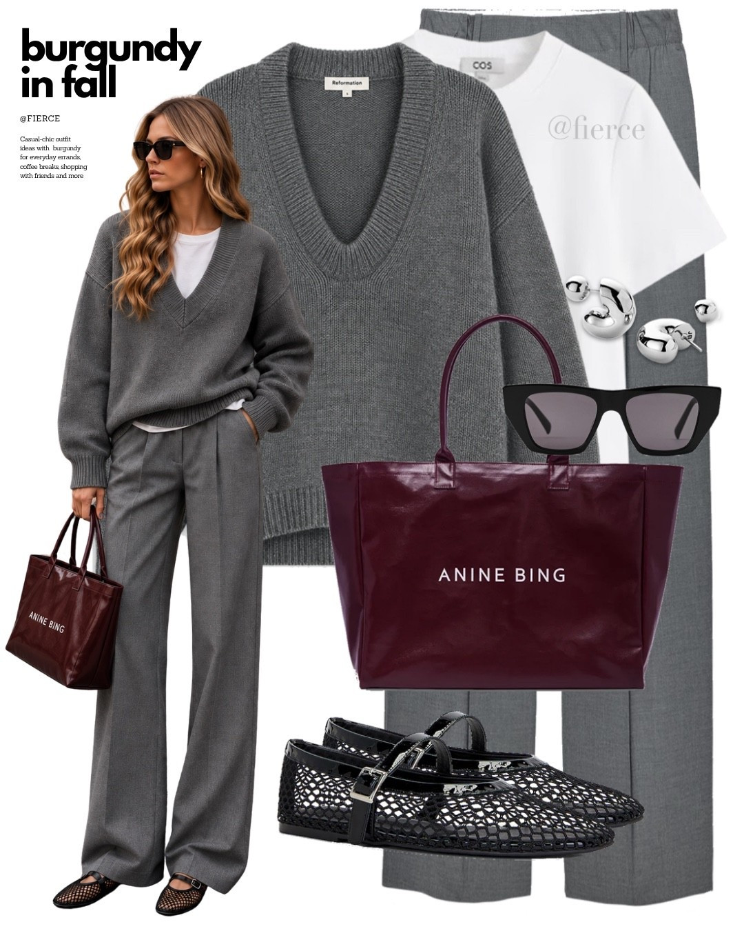 Grey pants grey jumper burgundy bag fishnet flats

#LTKuk #LTKautumn #LTKeurope