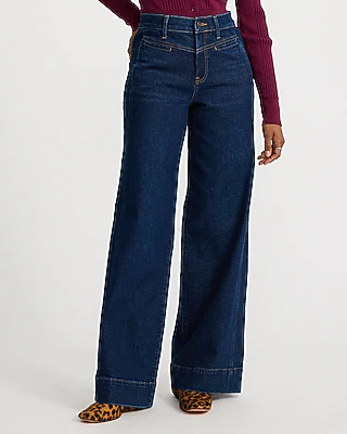Express Women's High Waisted Wide Leg Palazzo Dark Wash Jeans in Blue, size: 12 | Express