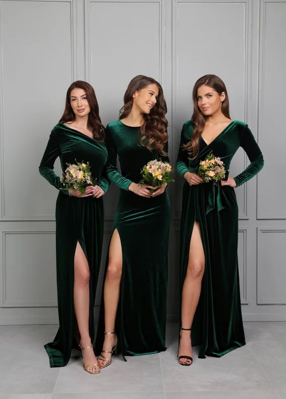 Dark Green Bridesmaid Velvet Maxi Dress High Quality Fabric | Etsy | Etsy (US)