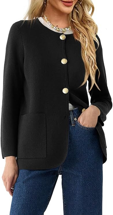 Langwyqu Womens Crew Neck Button Down Cardigan Sweaters Blazer Casual Long Sleeve Knit Solid Swea... | Amazon (US)