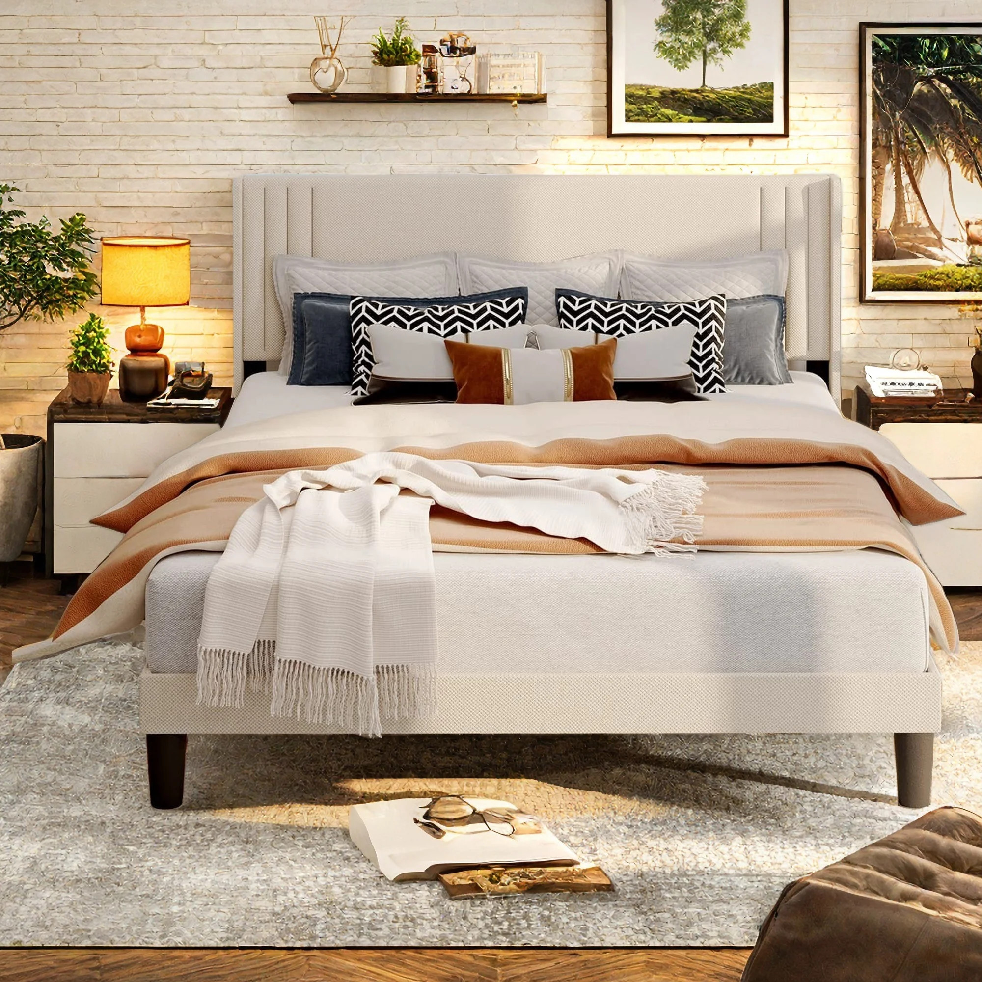 Lofka Queen Bed Frame with Wing Back Upholstered Headboard Beige Finish - Walmart.com | Walmart (US)