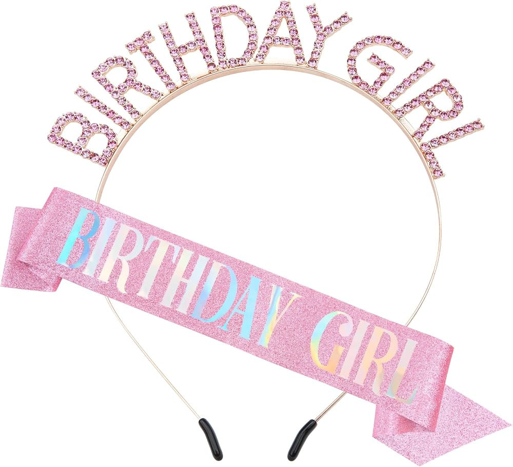PQRUU Glitter Birthday Sash, Tiara and Rhinestone Headband Set - Pink Birthday Accessories for He... | Amazon (US)