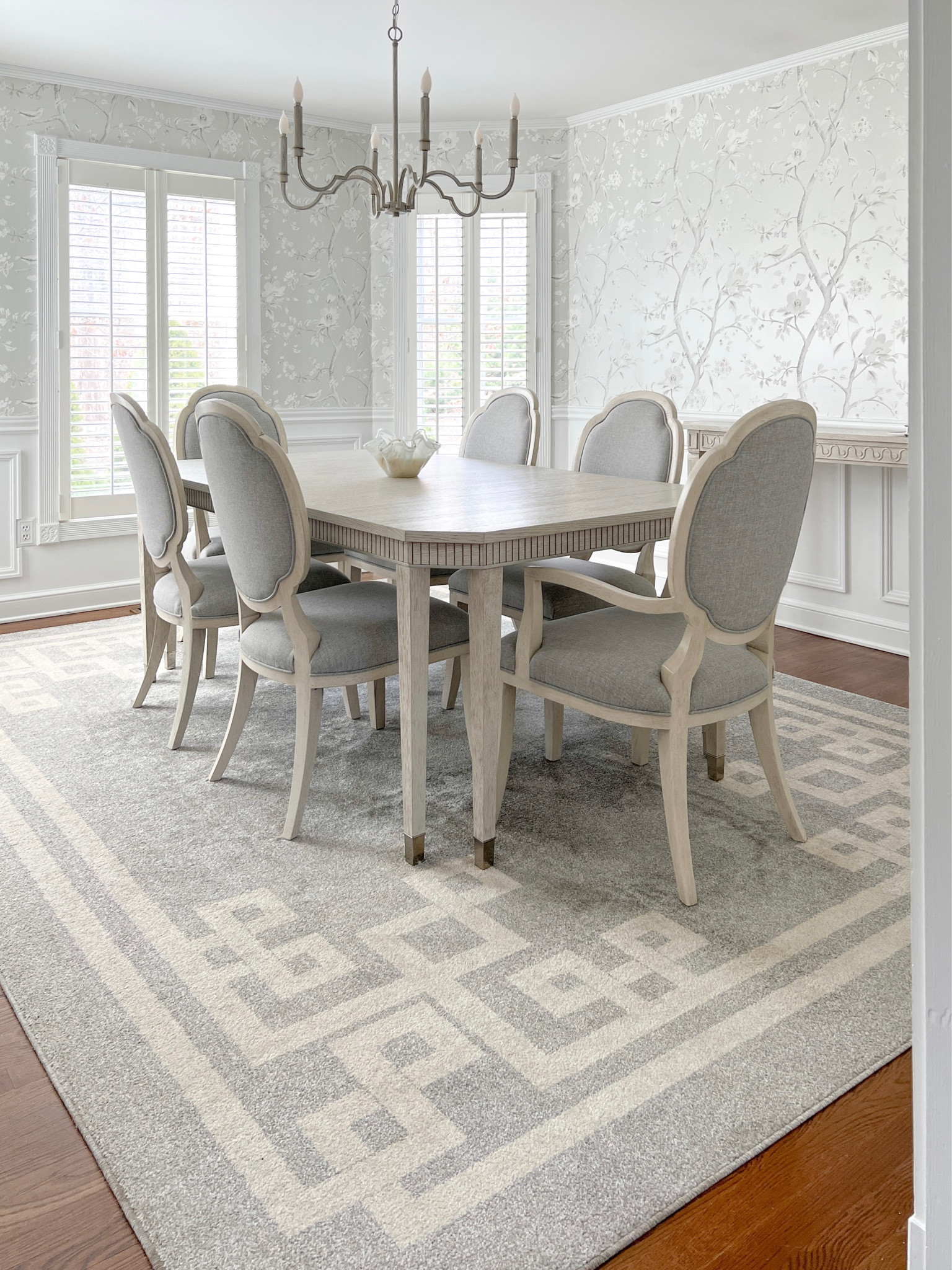 My Gray Greek Key Rug & Silver Chinoiserie Wallpaper are both on Amazon. Grandmillennial, French, Traditional, Dining Room, Monochromatic. 

#LTKhome #LTKsalealert