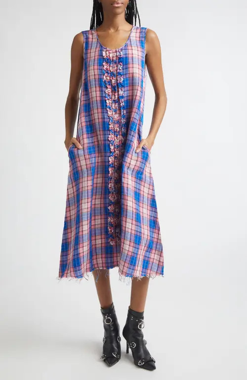 R13 Frayed Ruffle Plaid Midi Dress in Blue Pink Plaid at Nordstrom, Size Medium | Nordstrom