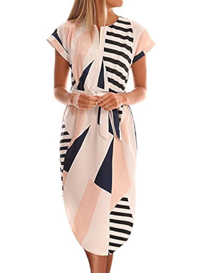 TEMOFON Womens Dresses Summer Casual Floral Geometric Pattern Short Sleeve Midi V-Neck Party Maxi Dr | Amazon (US)