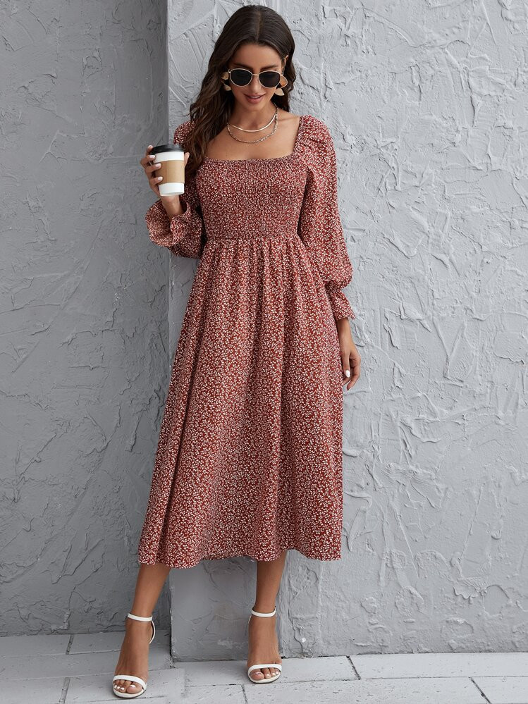 SHEIN Clasi Flounce Sleeve Shirred Plants Print Dress Fall Cloth For Women | SHEIN