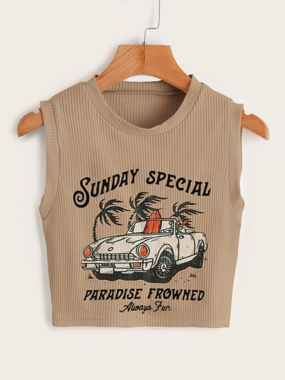 HomeWomen ClothingWomen Tops, Blouses & TeeWomen Tank Tops & CamisROMWE X GOLDENLINE Car Print Ta... | SHEIN