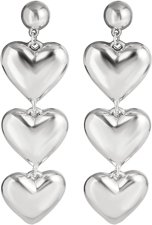 AUDTOPE Gold Silver Heart Drop Earrings for Women, Hypoallergenic Triple Heart Statement Dangle E... | Amazon (US)