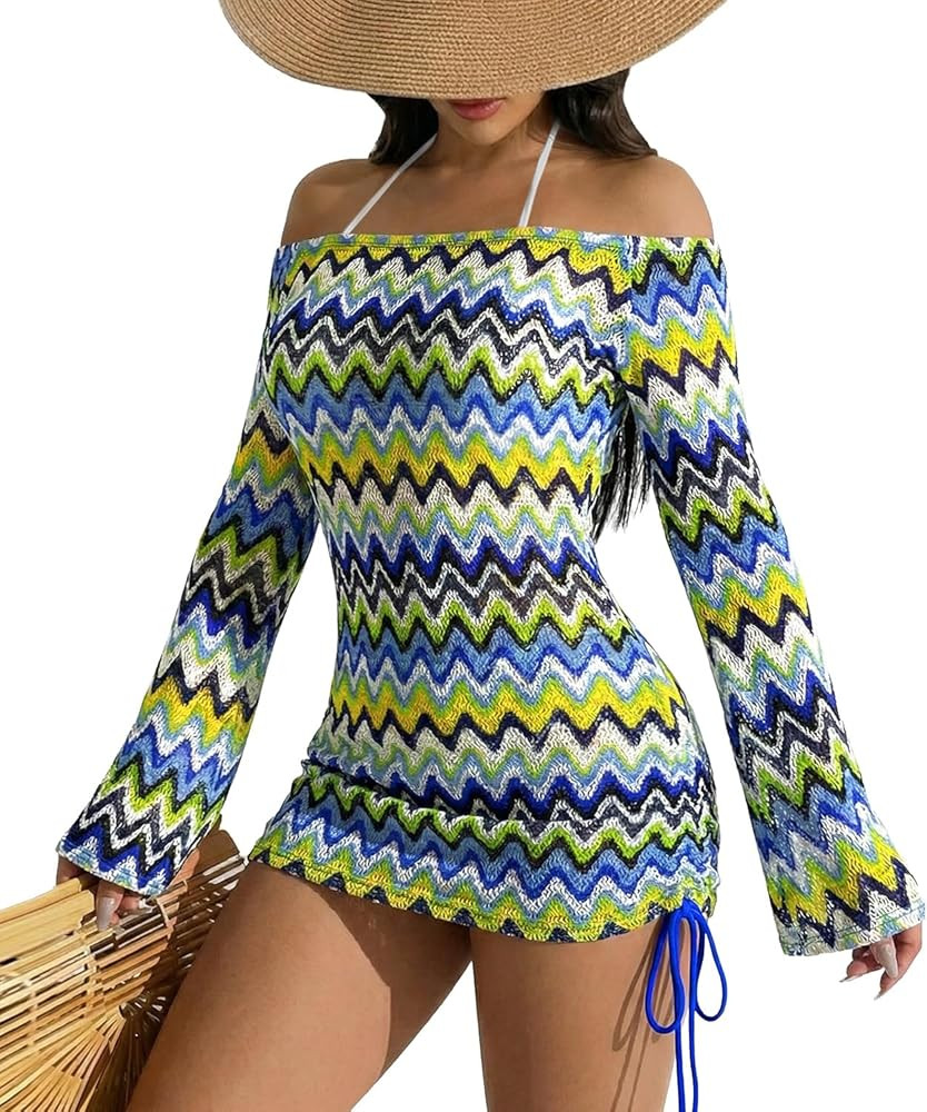 Summer Women's Sexy Mesh Hollow Out Off Shoulder Bathing Suit Coverups Long Bell Sleeve Ruched Dr... | Amazon (US)