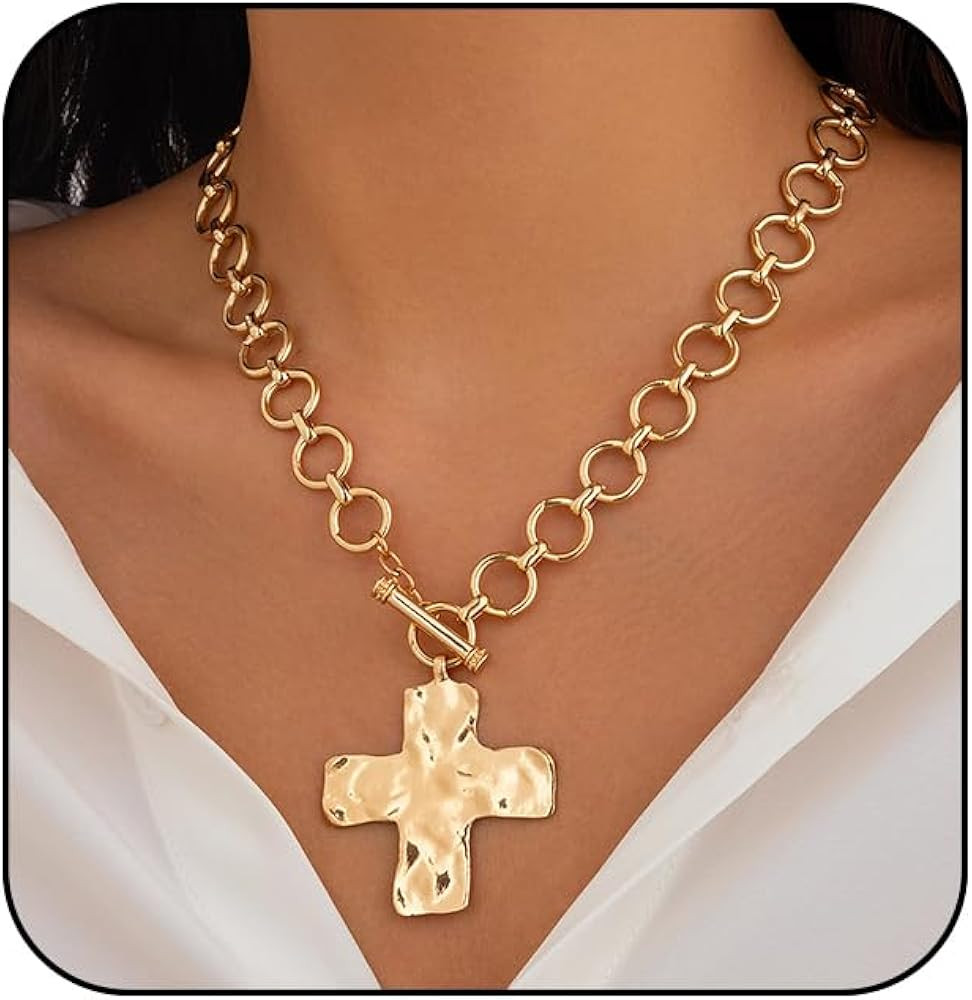 Atiptu Gold Chunky Cross Necklace for Women Statement Cross Pendant Necklace Layered Hammered Bol... | Amazon (US)