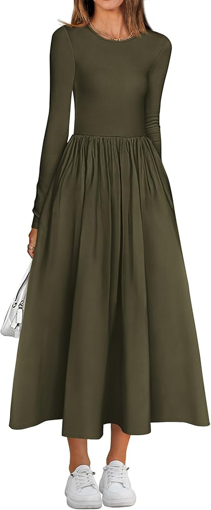 BTFBM Casual Long Sleeve Dresses Fall Dresses Solid Wedding Guest Dress Midi Dress Flowy Bohemian... | Amazon (US)