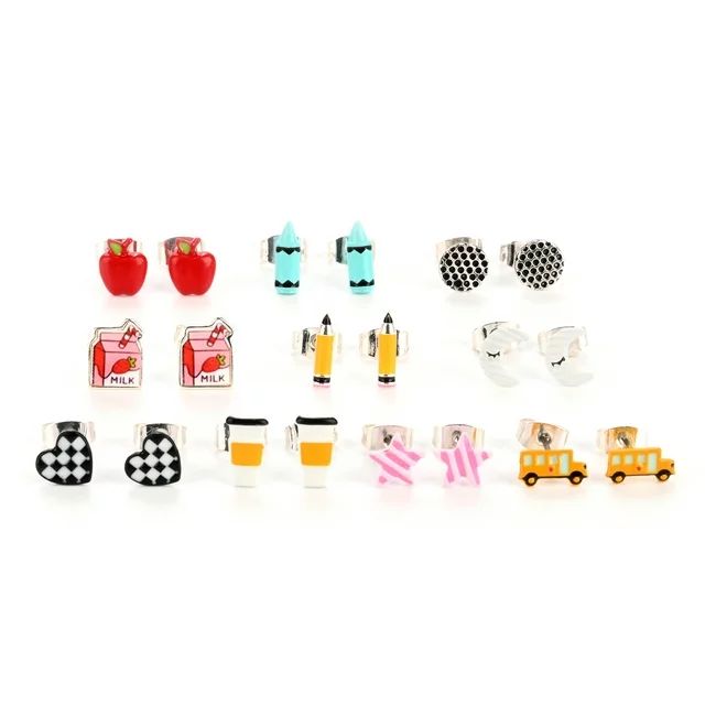 Claire's Tweens' Colorful Back to School Motif Stud Earrings Set, Post Back, 10 Pack, 40722 | Walmart (US)