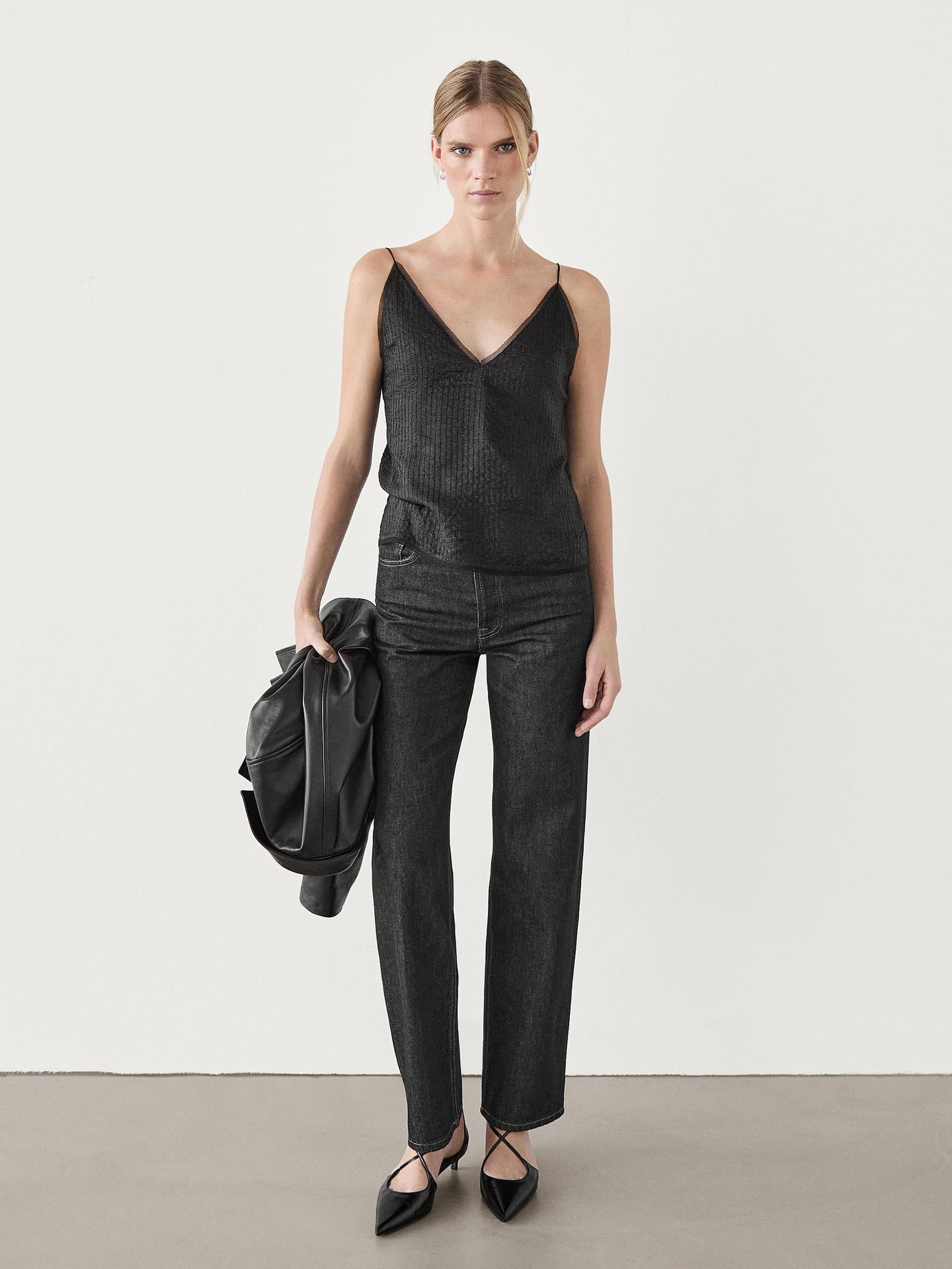 Lingerie top with V-neckline and thin straps. V-neckline at the back and neck . Metallic thread. ... | Massimo Dutti US