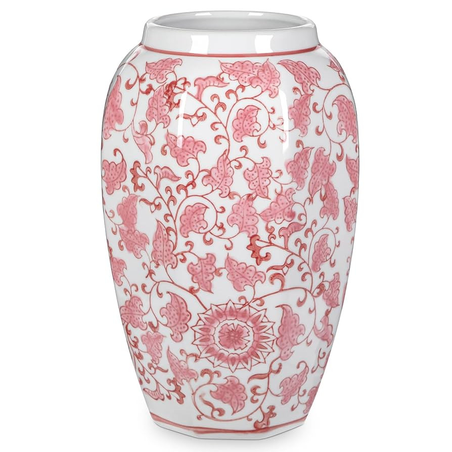 Pink Vase 8.5 Inch Traditional Chinoiserie Floral Vase Porcelain Ginger Jar Octagonal Vases Blue ... | Amazon (US)