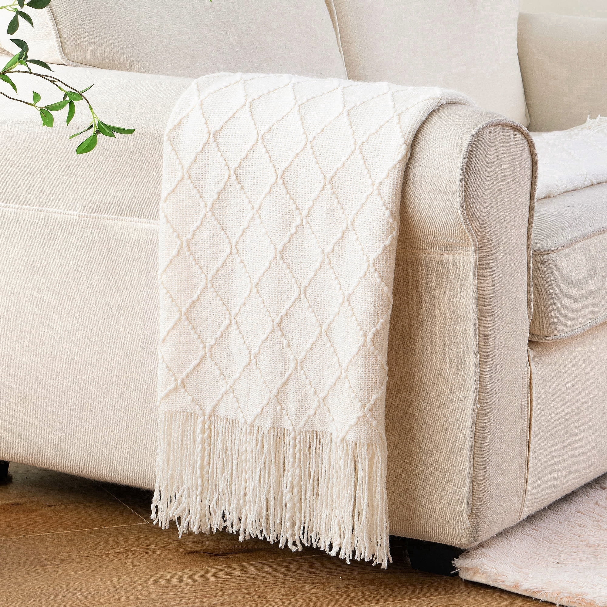 Battilo White Throw Blanket,Lightweight Cream Throws for Sofa Couch Bed,Boho Knit Blanket,50"x60" | Walmart (US)