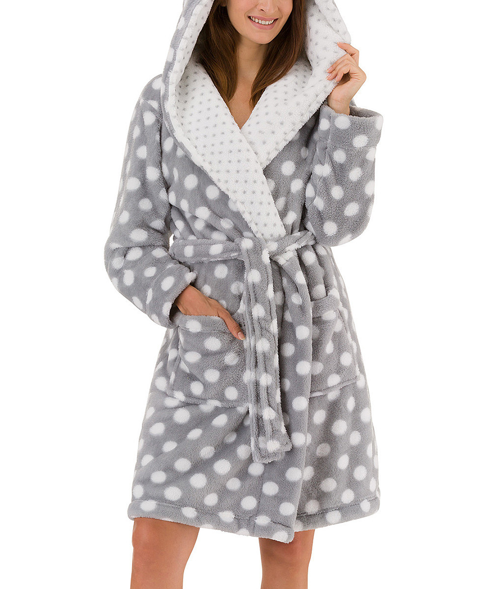Safdie & Co. Inc. Bath Robes grey - Gray Polka Dot Hooded Ultraplush Bath Robe - Adult | Zulily