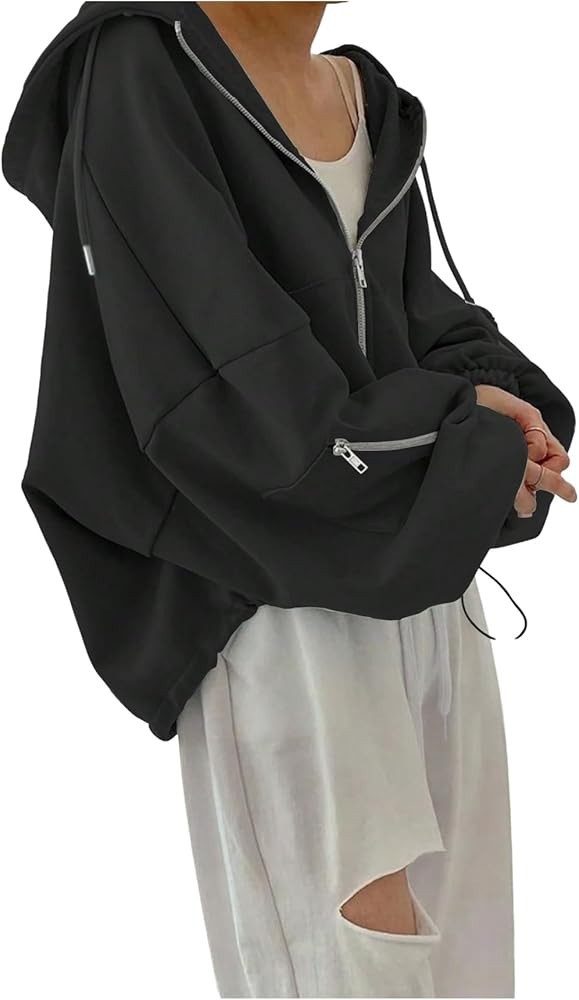 Women's Zip Up Drawstring Hoodie Long Sleeve Drop Shoulder Loose Sweatshirt Outerwear | Amazon (US)
