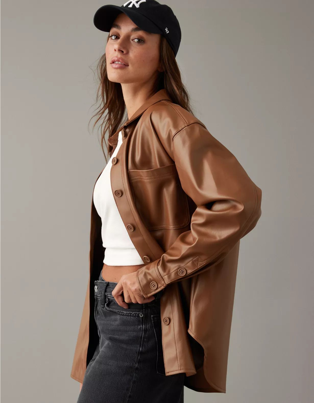AE Oversized Vegan Leather Button-Up Shirt | American Eagle Outfitters (US & CA)
