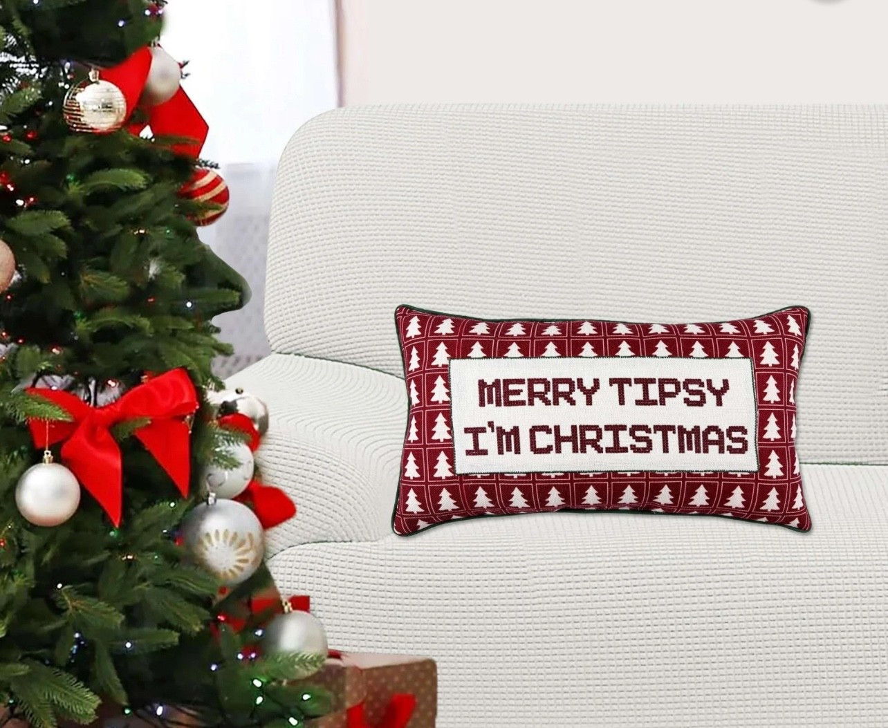 🎄✨ Add a playful twist to your holiday décor with this “Merry Tipsy I’m Christmas” lumbar pillow! The bold red base with festive tree border pattern makes it the perfect statement piece for your couch, bed, or cozy corner. At 18” wide by 10” high, this holiday lumbar pillow is the ideal size for layering with other Christmas throw pillows to create a warm and inviting look.

Crafted from soft fabric, it’s as comfortable as it is cute—great for lounging during Christmas movie nights, sipping hot cocoa by the tree, or hosting a holiday gathering. Whether your style is traditional, farmhouse, or whimsical, this funny holiday pillow brings cheer (and a laugh!) to any space.

✨ Style Ideas:
– Layer it with classic plaid pillows for a cozy Christmas look
– Place it on your entryway bench for a festive welcome
– Use it as a conversation starter at holiday parties

 Merry Tipsy I’m Christmas pillow, funny Christmas throw pillow, holiday lumbar pillow, farmhouse holiday décor, red Christmas accent pillow, Walmart Christmas pillow, festive holiday home décor, whimsical Christmas decorations, seasonal throw pillows, holiday sofa décor.


#LTKHome #LTKFindsUnder100 #LTKFindsUnder50