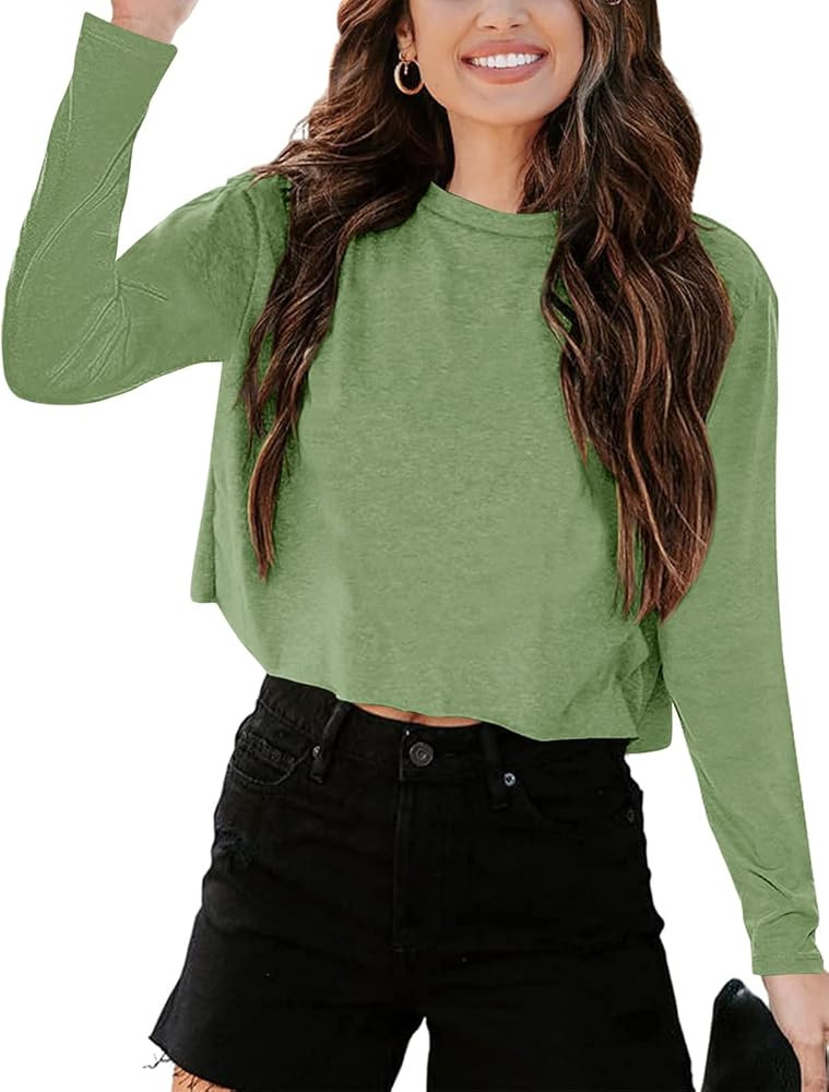 Tankaneo Women Long Sleeve Crop Tops Loose Crew Neck Cropped T-Shirts Drop Shoulder Casual Basic ... | Amazon (US)