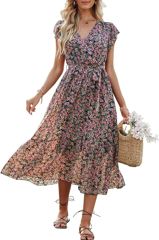ANRABESS Women's 2023 Floral Summer Dress Wrap V Neck Short Sleeve Belted Ruffle Hem A-Line Bohemian | Amazon (US)