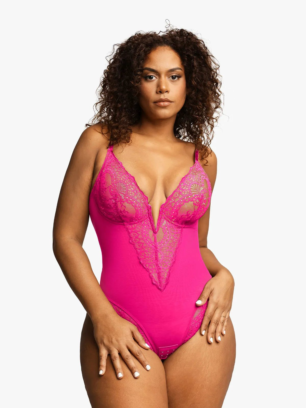 Shapewear Lace Deep V-Neck Sculpting Thong Bodysuit | Popilush
