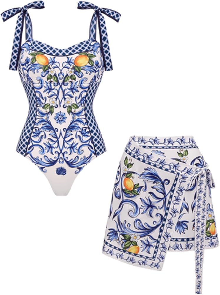 FLAXMAKER Women's One Piece Bowknot Tie Shoulder Adjustable Swimsuit Lemon Printed Swimsuit Skirt... | Amazon (US)