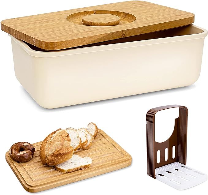 Triiter Bread Box With Bamboo Wood Cutting Board Lid & Bread Slicer Holder, Rectangular Cream Col... | Amazon (US)