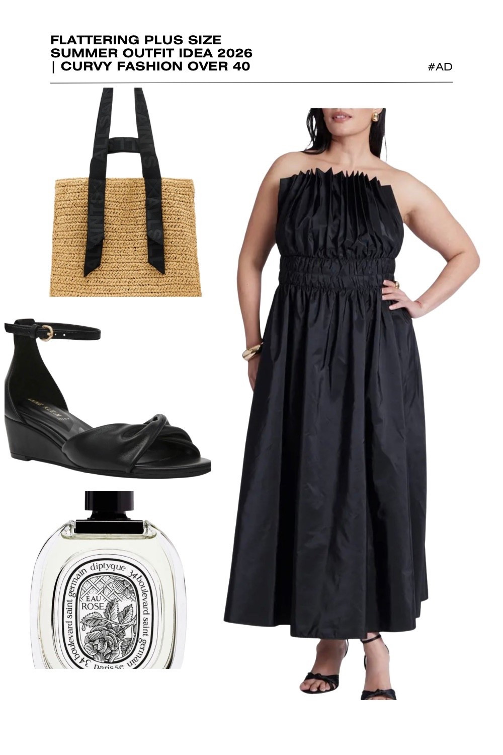 Make a sophisticated statement with this black plus size summer event outfit idea for 2026! This flattering strapless maxi dress is a premier choice for curvy fashion over 40, featuring a unique knife-pleat bodice and a defined smocked waist that creates a stunning architectural silhouette.
To balance the high-fashion drama of the dress, we’ve styled it with an AllSaints straw tote bag featuring branded webbing straps and comfortable black ankle-strap wedge sandals. The look is finished with the delicate, fresh scent of Diptyque Eau Rose. Whether you are attending a summer gala, an upscale dinner, or looking for plus size wedding guest attire, this chic ensemble is a 2026 must-have. #PlusSizeFashion #BlackMaxiDress #SummerEventOutfits #CurvyStyle2026 #DiptyqueEauRose #AllSaintsBag #ModernChic